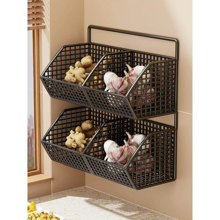 Wall-Mounted Dual-Tier Ventilated Kitchen Produce Storage Basket