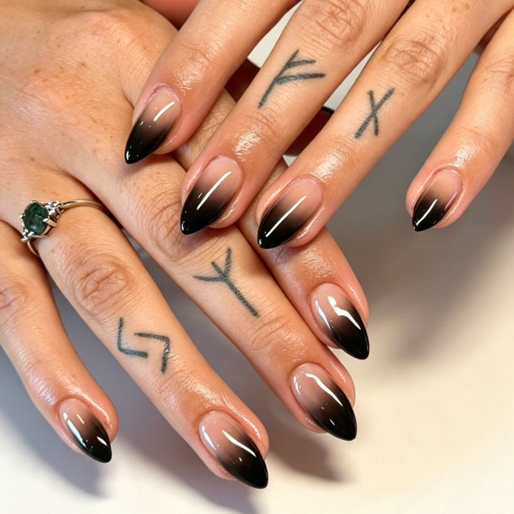 Artificial nails with elegant ombre design and filigree edge Kalsten