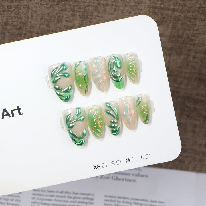 Artistic Press-On Nail Set with Leaf Design Kalsten