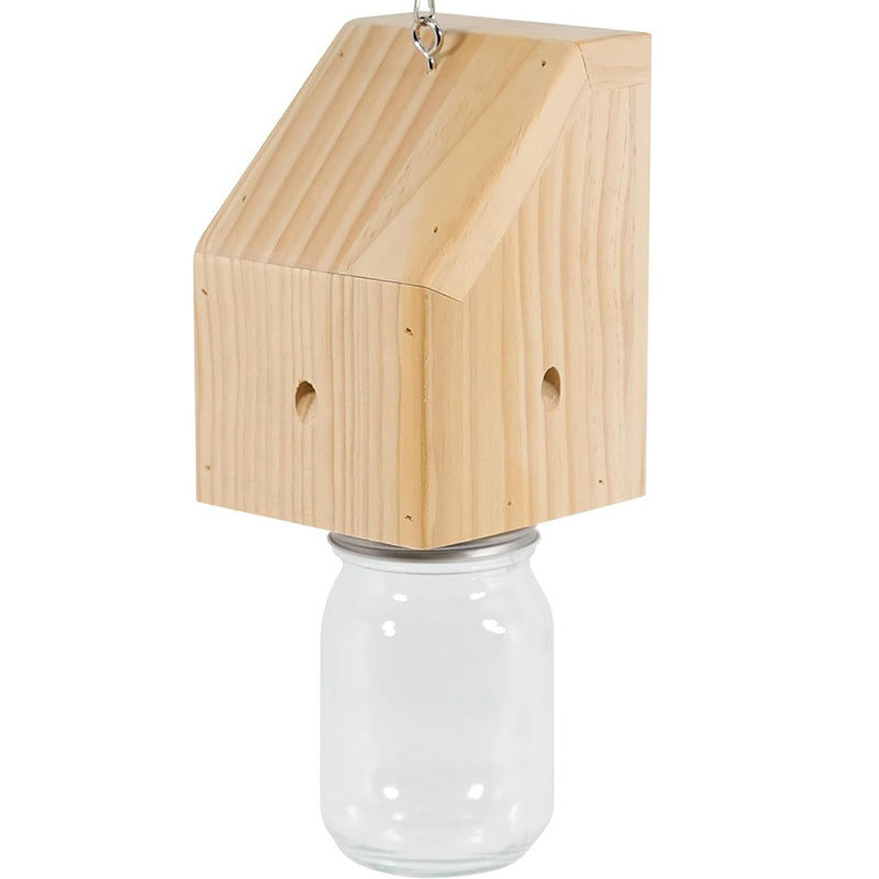 Hanging wooden bird feeder with glass jar seed reservoir and natural jute hanger Kalsten