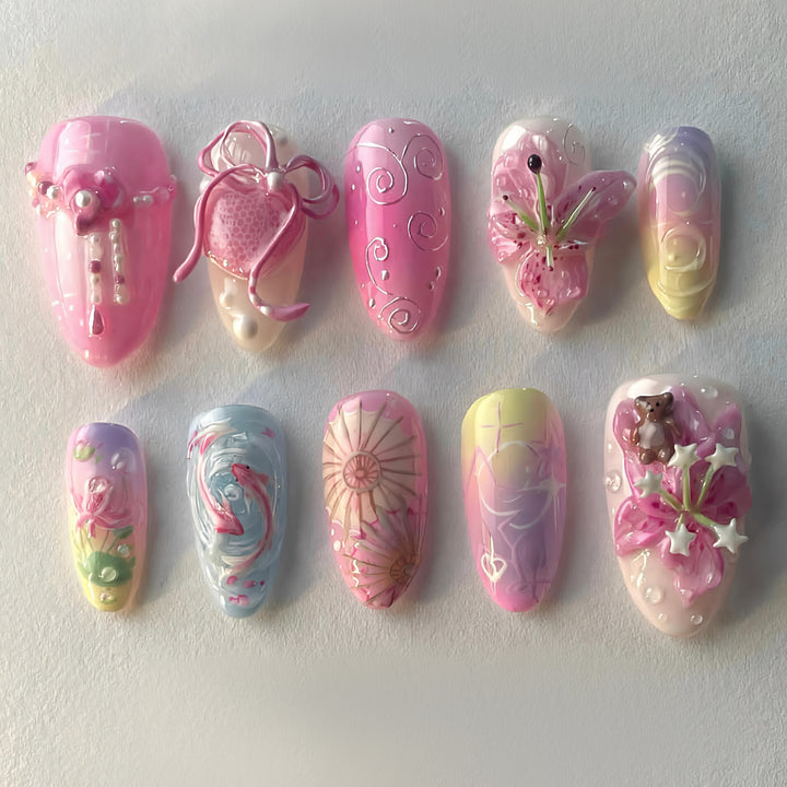 Decorative Press-On Nail Art Set with Floral and Whimsical Designs Kalsten
