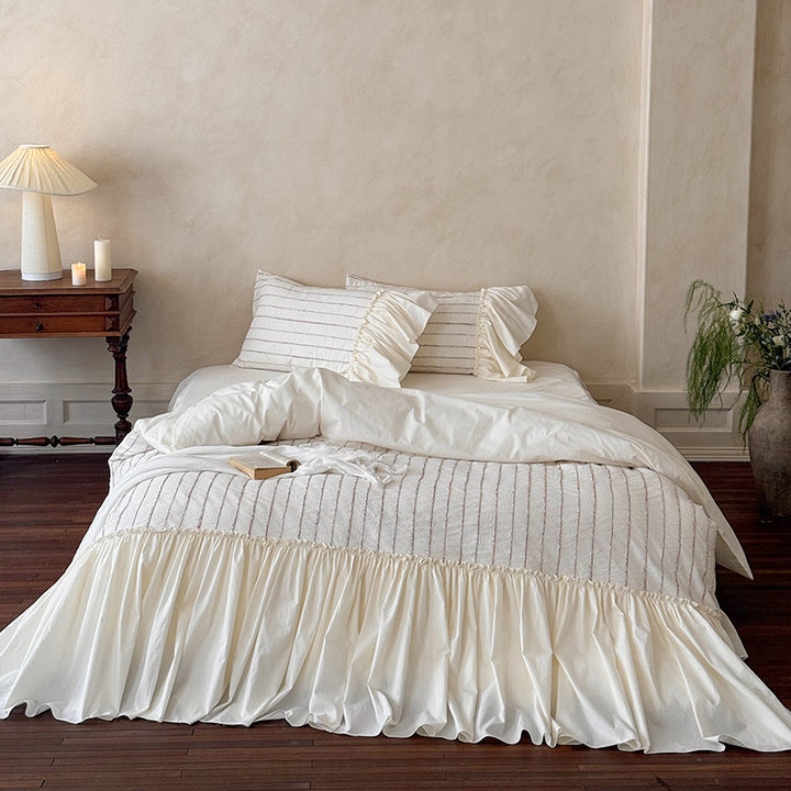 Bedding set made of cotton percale with striped relief embroidery and ruffled bed skirt