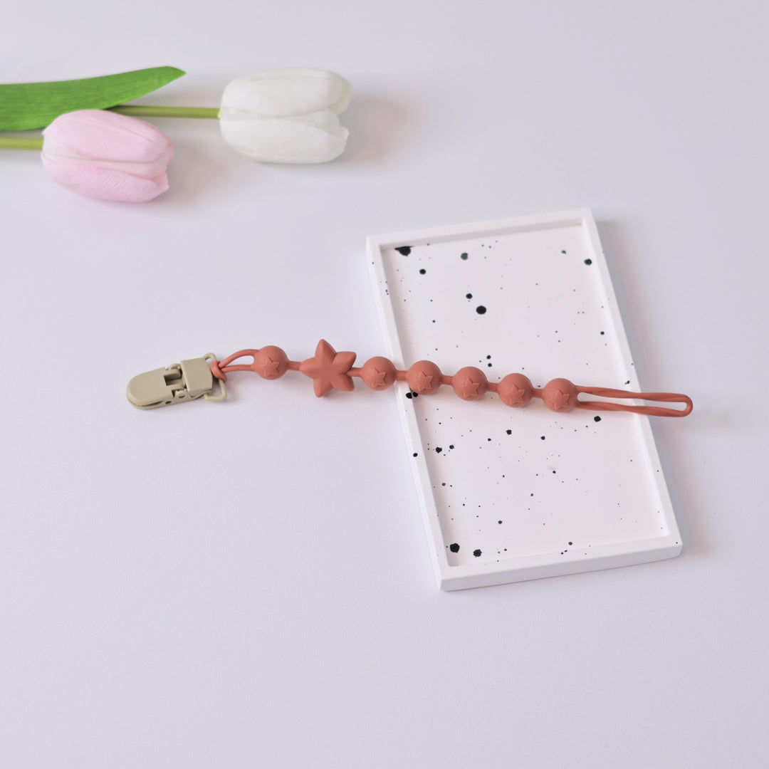 Silicone Star-Bead Pacifier and Teether Clip with Wooden Safety Clamp
