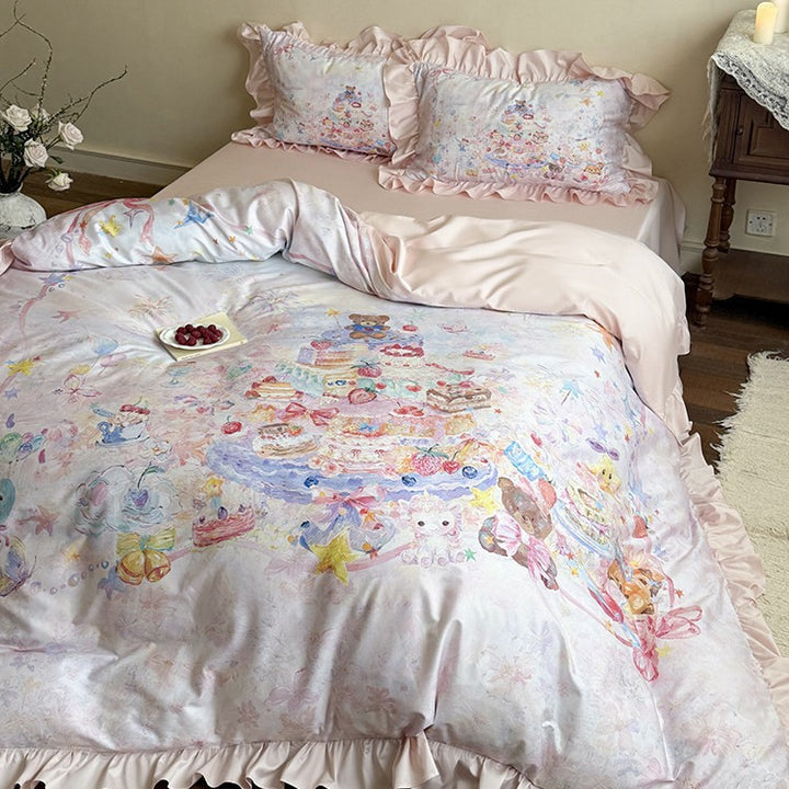 Romantic bedding set with ruffle pillow, cotton satin and watercolor cake & animal motif