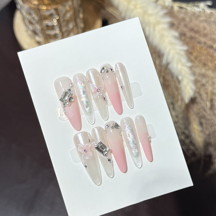 Elegant Stiletto Press-On Nail Art Set with Decorative Floral Accents Kalsten