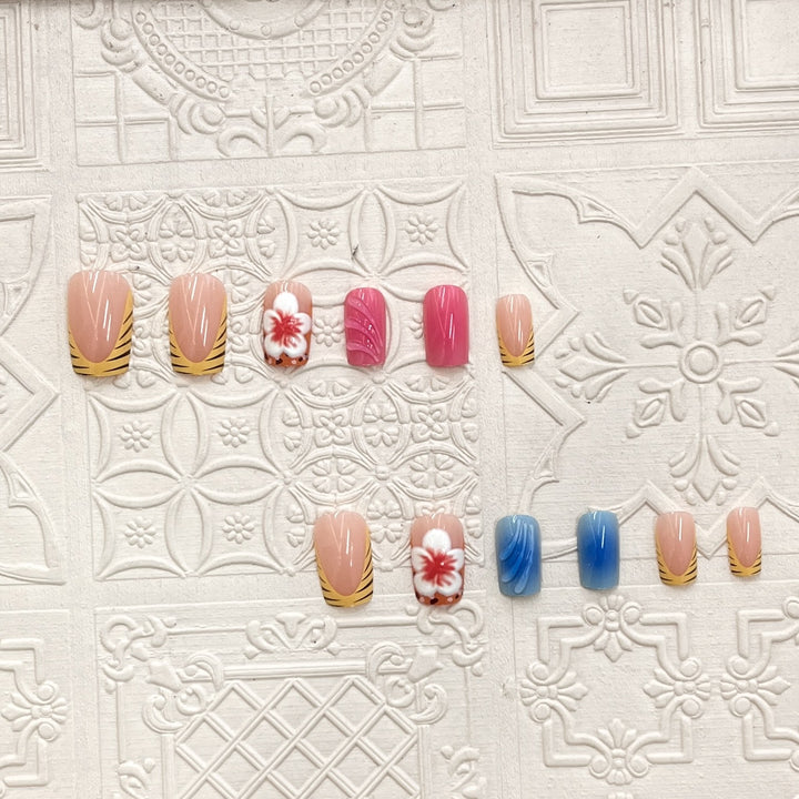Artistic Press-On Nail Set with Floral and Wave Designs Kalsten