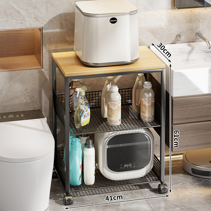 Narrow Rolling Mesh Cabinet Shelf with Bamboo Top and Locking Swivel Casters