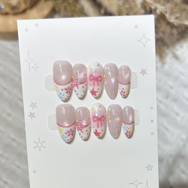 Artistic Press-On Nail Art Set with Charming Star and Bow Designs Kalsten