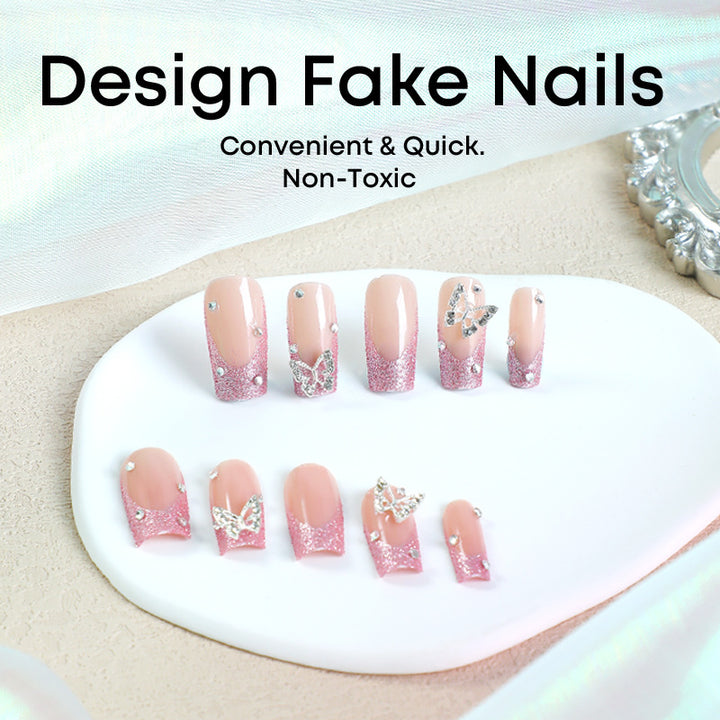Acrylic nail set with sparkling glitter accents and elegant butterfly motifs Kalsten