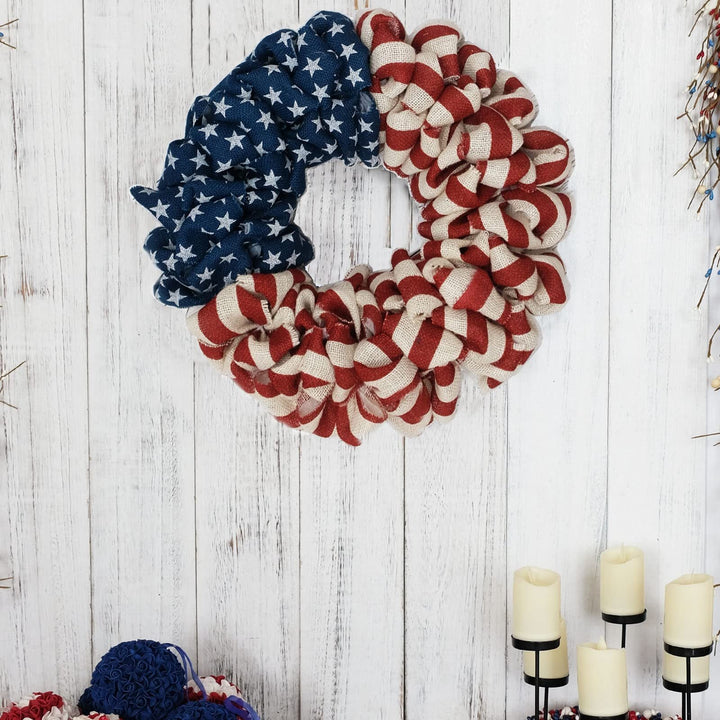 Unisex nan patriotic burlap looped front door wreath with star and stripe Americana pattern Kalsten