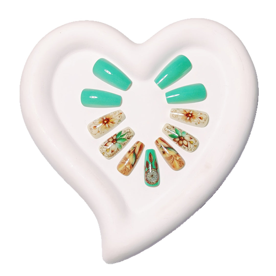 Creative artificial nails with floral and dreamcatcher design elements Kalsten