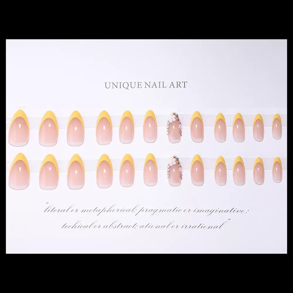 Artificial nail set with elegant French design and 3D flower decorations Kalsten