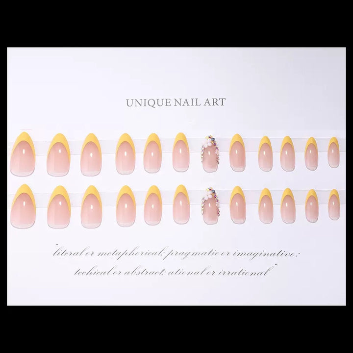 Artificial nail set with elegant French design and 3D flower decorations Kalsten