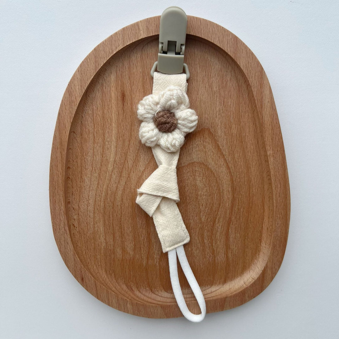 Organic Cotton Pacifier Leash with Quick-Release Clip and Hand-Knit Flower