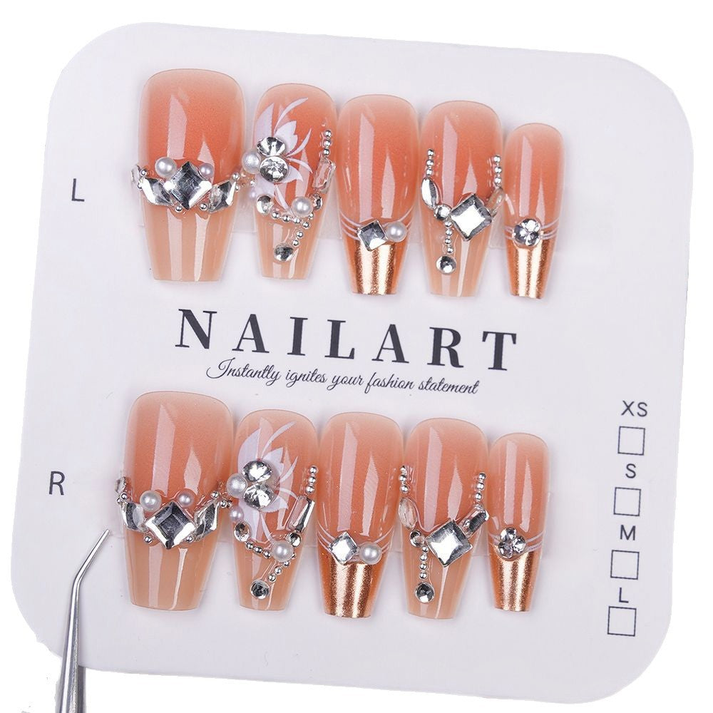 Elegant Press-On Nail Art with Floral and Gemstone Details Kalsten