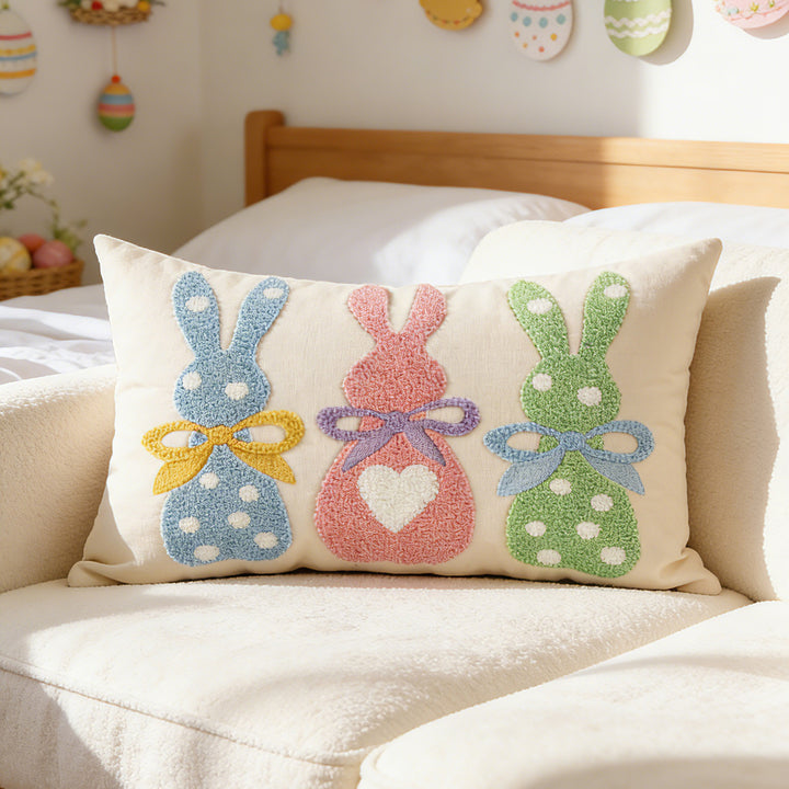 Tufted Appliqué Bunny Trio Lumbar Pillow Cover Cotton-Linen Blend with Hidden Zipper