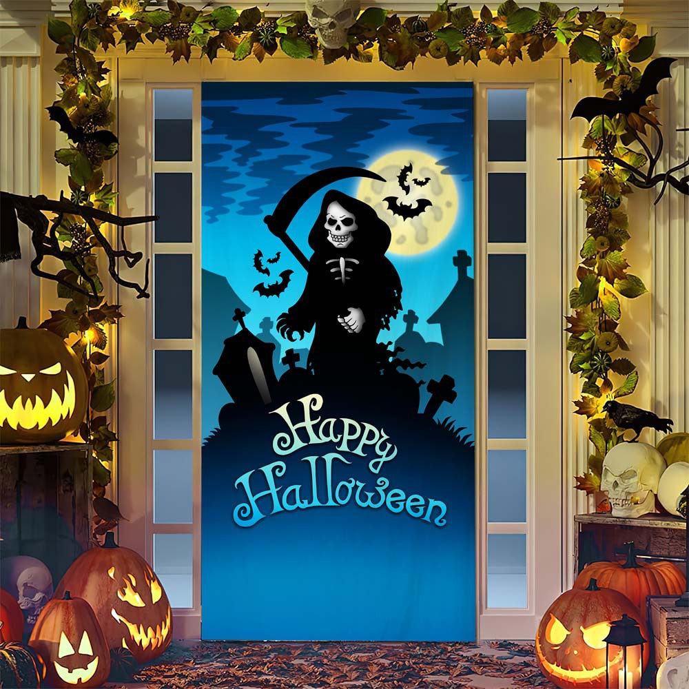 Halloween door poster with large-format Grim Reaper illustration and reusable PVC tarp fabric