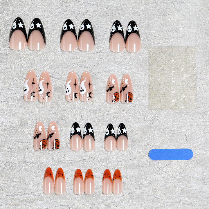 Halloween-themed artificial nails with ghost and pumpkin motifs Kalsten