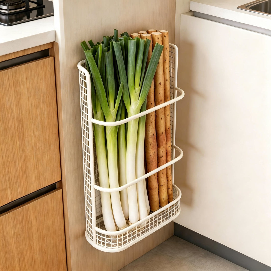 Slim Vertical Wall-Mounted Metal Mesh Kitchen Produce and Herb Storage Rack