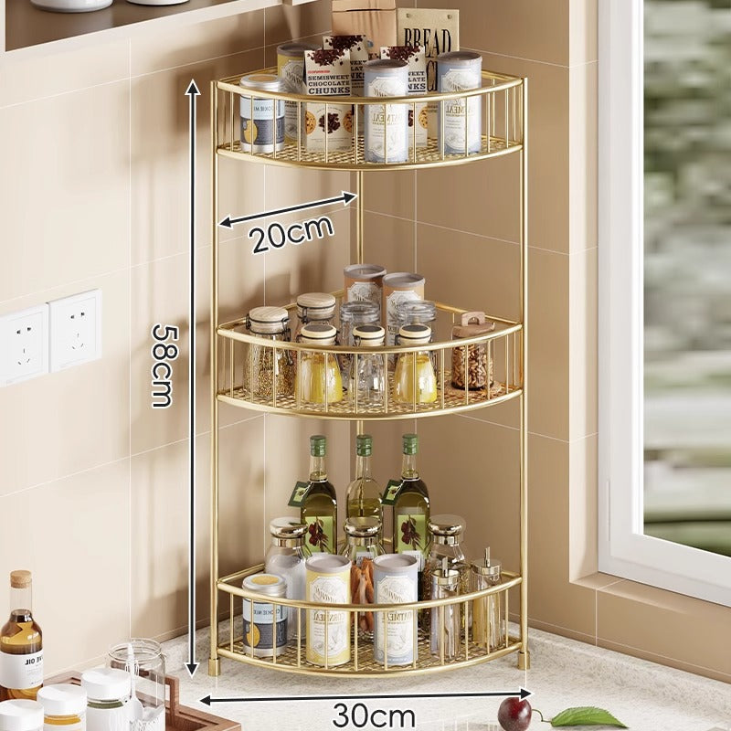 Three-Tier Rounded Corner Kitchen Storage Rack with Raised Rails and Mesh Shelves