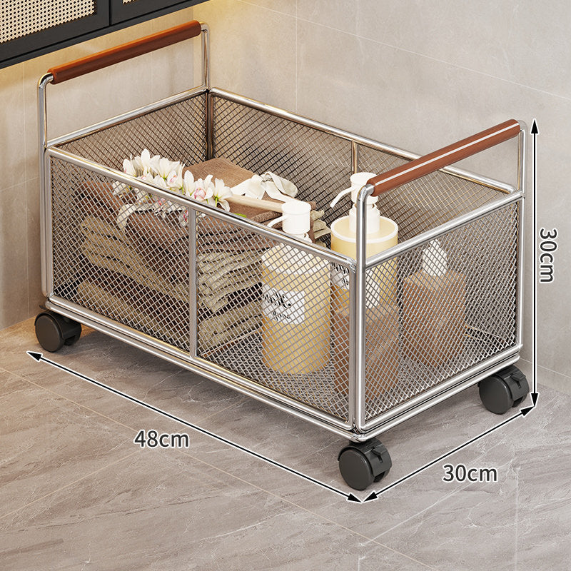 Mesh Metal Storage Organizer Basket with Wooden Grip Handles