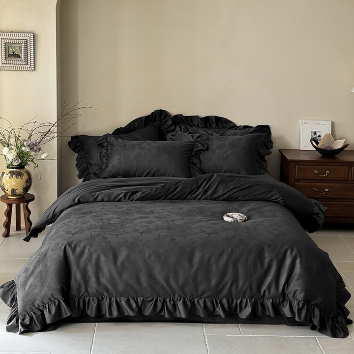 Bedding set with ruffled hem, woven floral jacquard and luxurious cotton satin quality