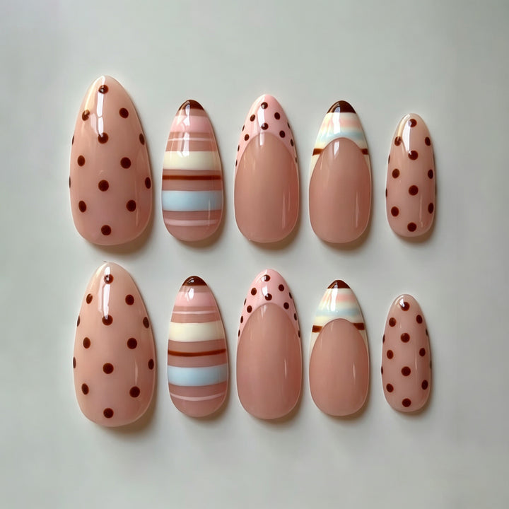 Decorative Press-On Nail Set with Polka Dot and Striped Designs