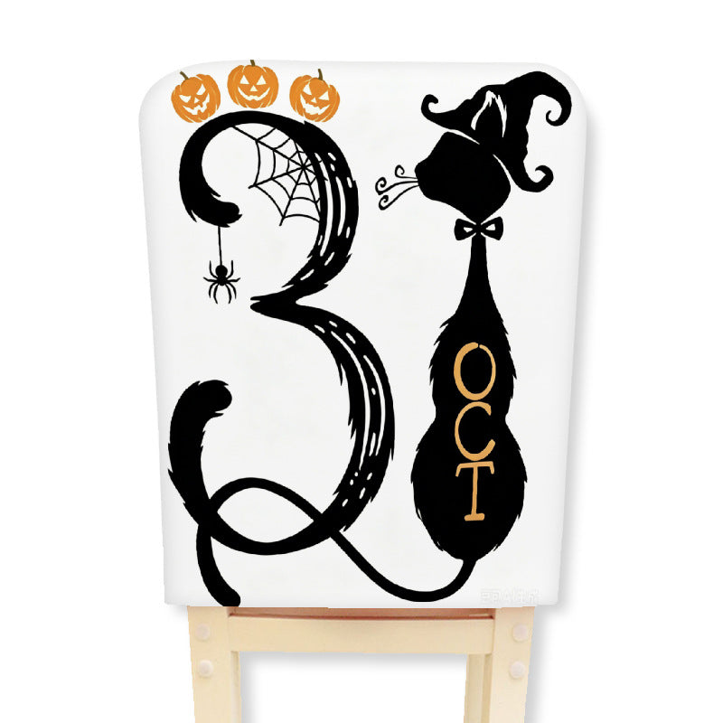 Padded chair back cover with Halloween illustration and spider web design