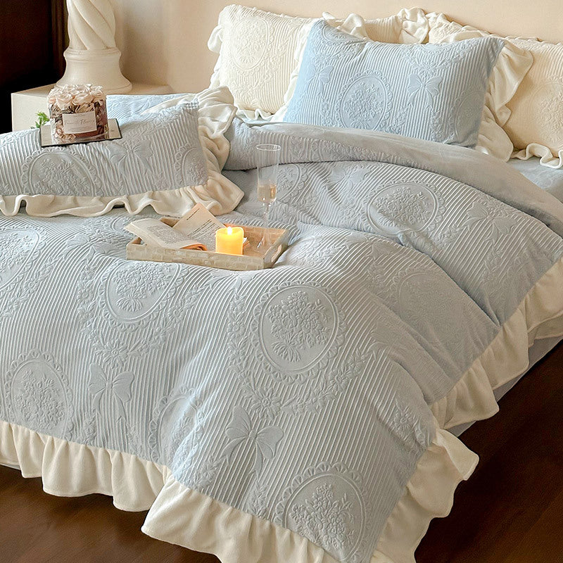 Ruffled quilted bedding set with jacquard medallion and ruffle