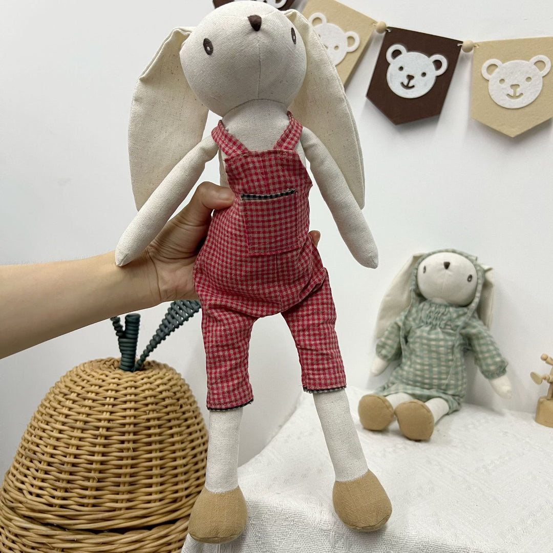 Soft Linen Bunny Doll Pair with Removable Vintage-Inspired Outfits