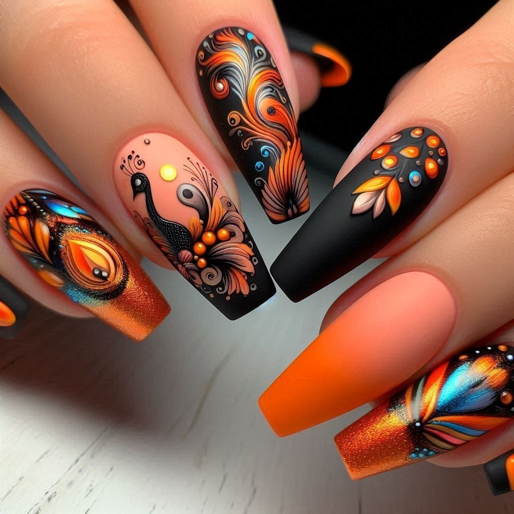 Creative Nail Art Set with Colorful Feather Designs Kalsten