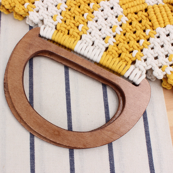 Macrame Tote Bag with Wooden Handles and Floral Details Kalsten