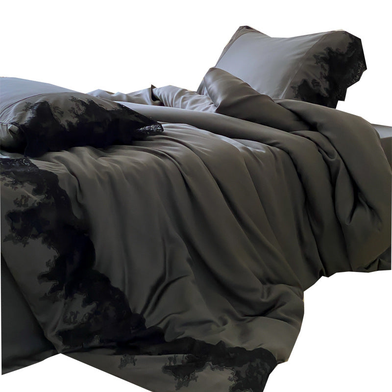 Luxurious satin bedding set with delicate lace trim