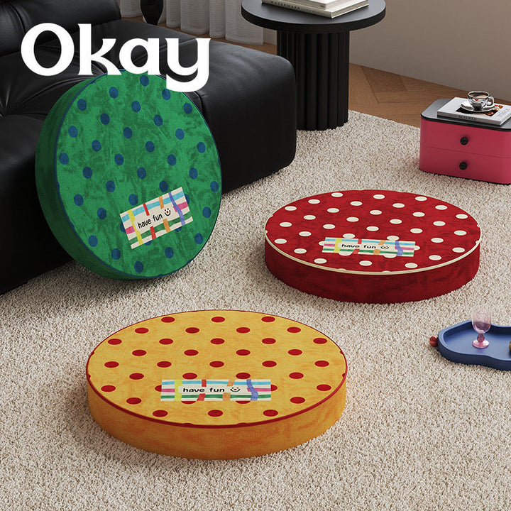 Round Plush Floor Cushion Pouf with Polka Dot Texture and Playful Have Fun Patch