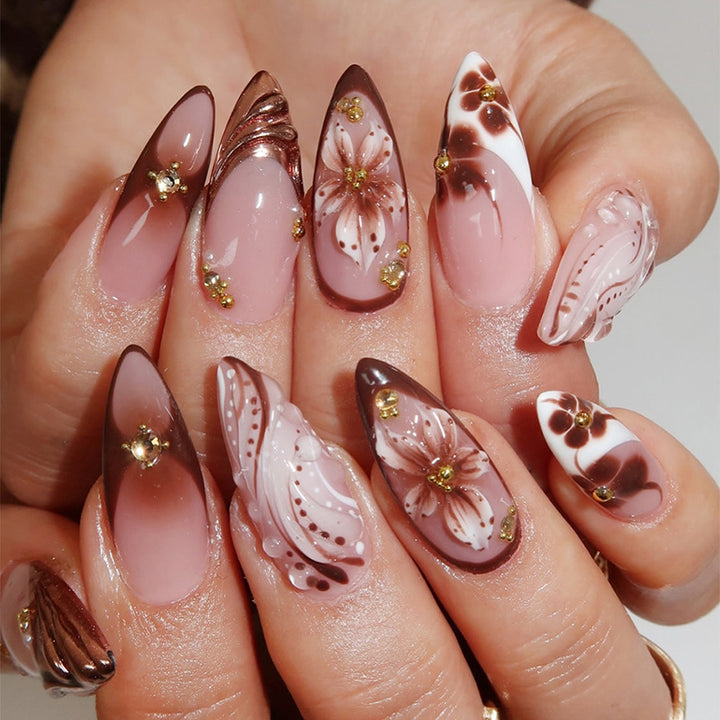 Decorative Press-On Nail Set with Intricate Floral and Ombre Design kalsten