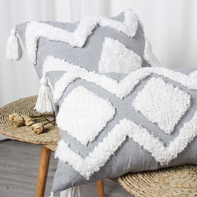 Decorative Boho Textured Lumbar Throw Pillow with Zigzag Tufted Crochet and Knotted Fringe