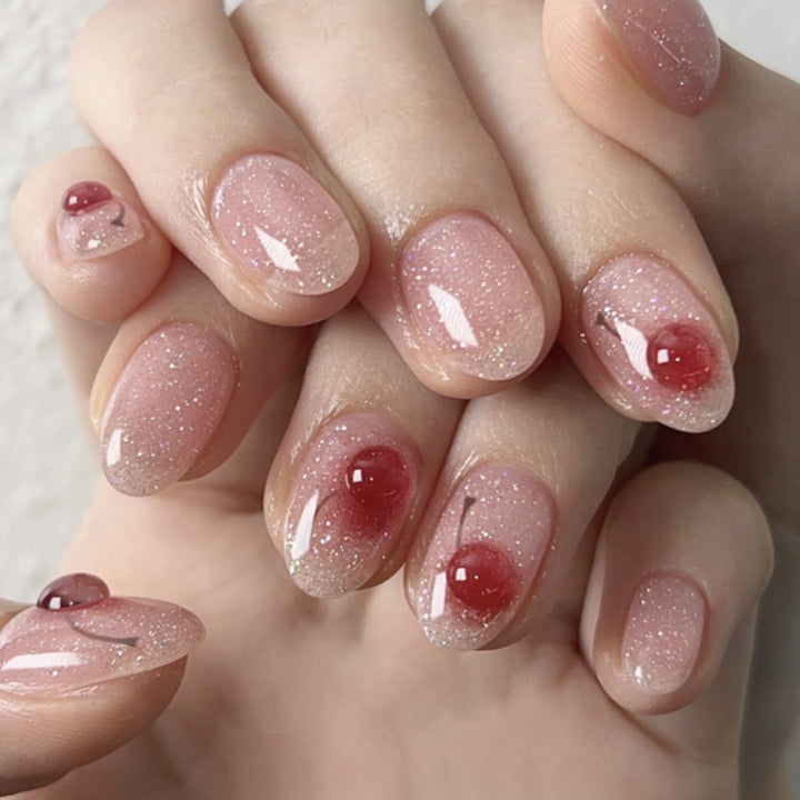 Elegant artificial nails with glitter and cherry motif Kalsten