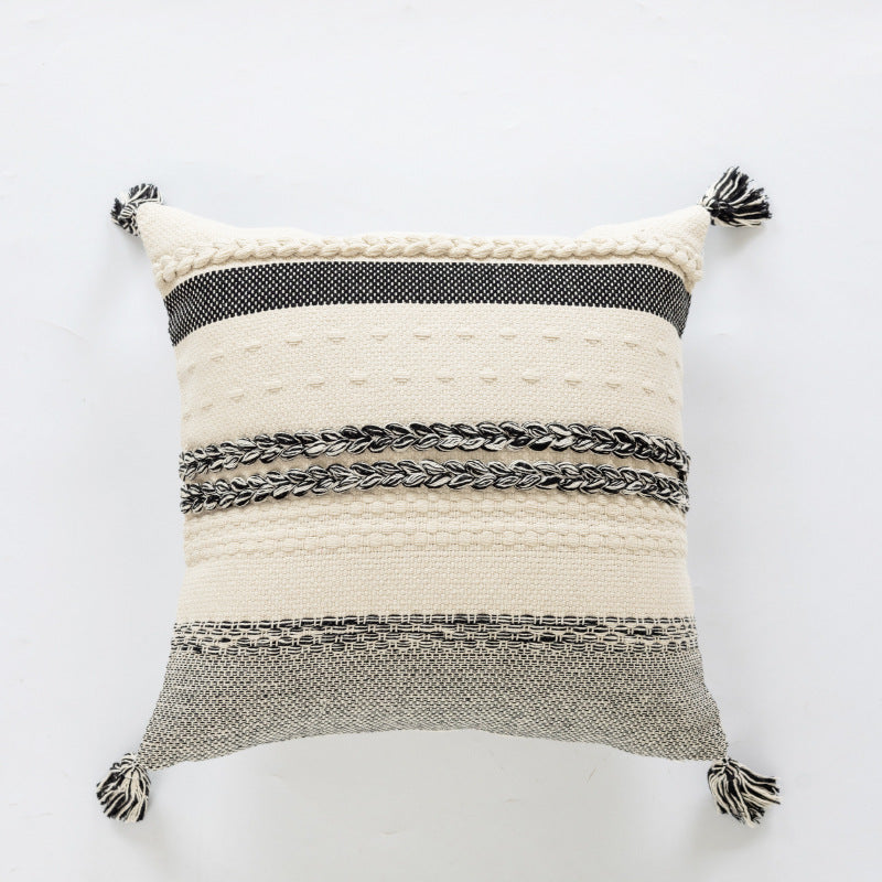 Coastal-Inspired Woven Cotton Square Accent Pillow with Braided Rope Bands and Corner Tassels