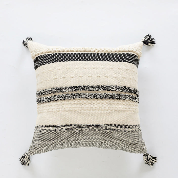 Coastal-Inspired Woven Cotton Square Accent Pillow with Braided Rope Bands and Corner Tassels