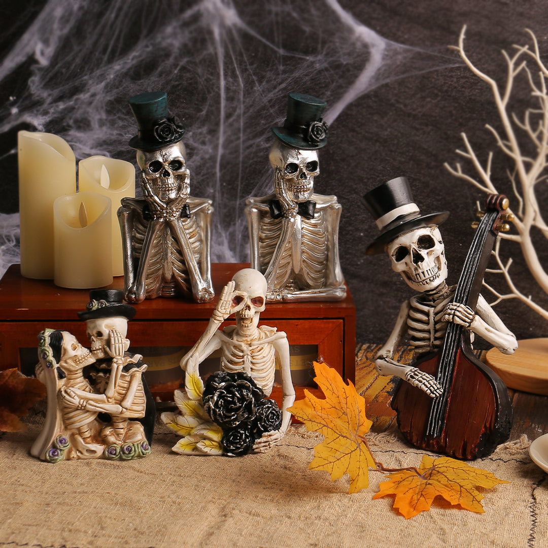 Detailed Resin Halloween Decoration Figure Skeleton with Double Bass