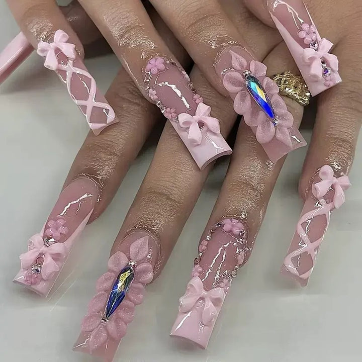 3D Floral Embellished Long Nail Extensions Kalsten