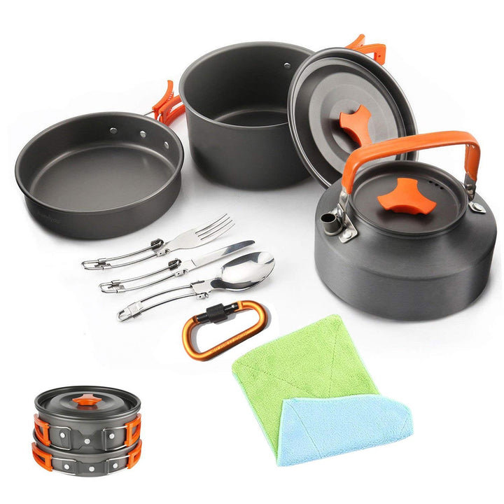 lightweight non-stick nesting camping cookware set with folding handles compact kettle pot pan and folding cutlery Kalsten