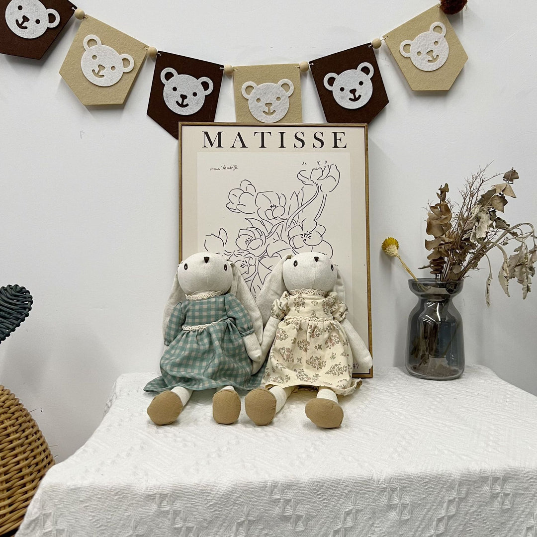 Plush Linen Bunny Doll with Long Ears Bow Tie and Removable Check Overalls