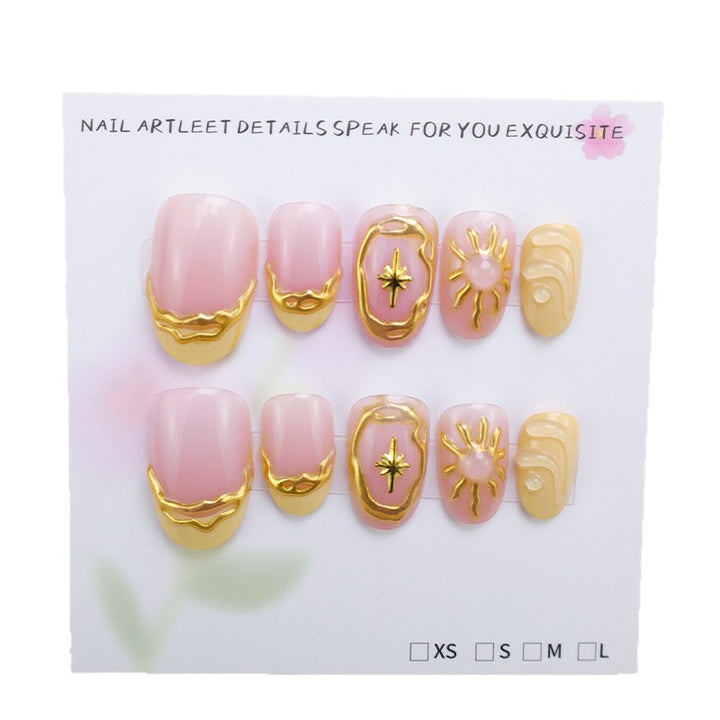 Acrylic nail set with elegant gold embellishments and creative designs Kalsten