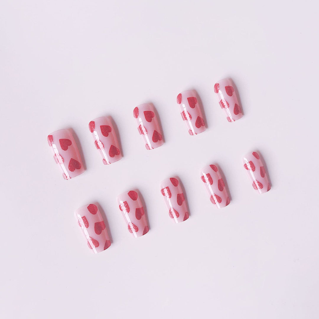 Artificial nail set with romantic heart motif and glitter Kalsten