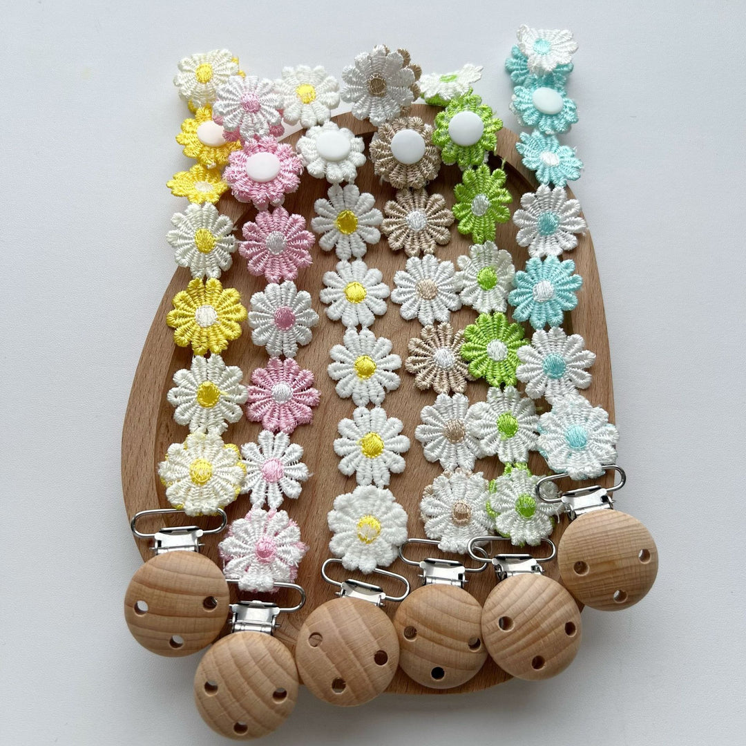 Handmade Crochet Daisy Pacifier Clip with Wooden Safety Clamp