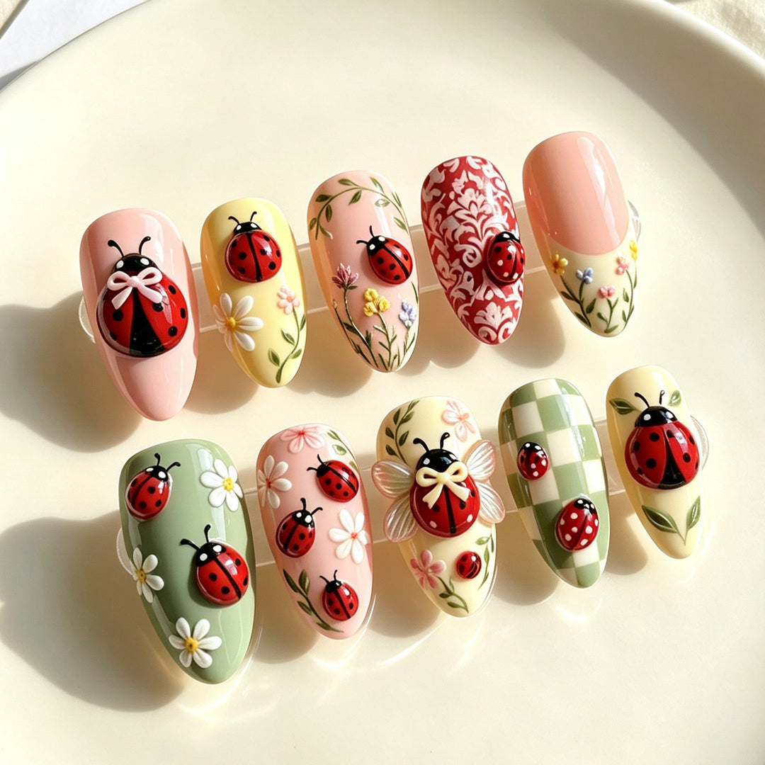 Artistic Ladybug Themed Press-On Nail Set