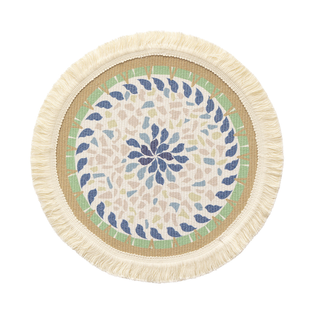 Round handmade woven decorative rug with fringes and botanical pattern Kalsten
