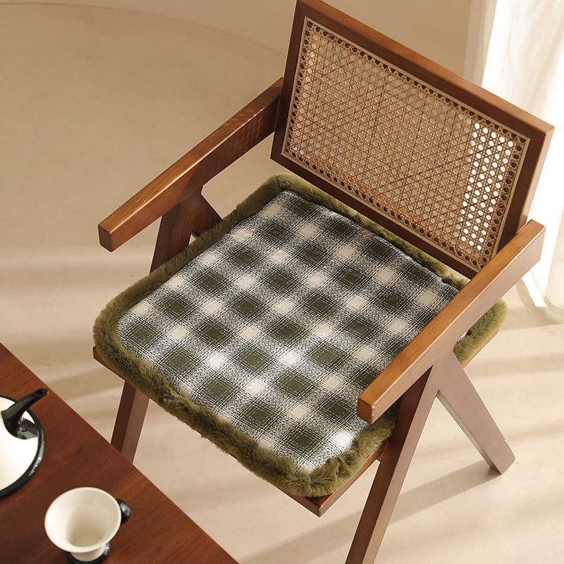 Padded checked chair cushion with faux fur border Kalsten