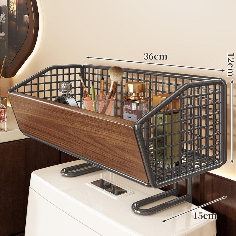 Elevated Mesh Bathroom Countertop Organizer Basket with Wood-Front and Chrome Frame